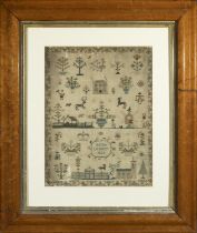 AN EARLY 19TH CENTURY CHILD’S SAMPLER, SIGNED SARAH DENNEY, 1822 framed, 40.5 x 31.5cm