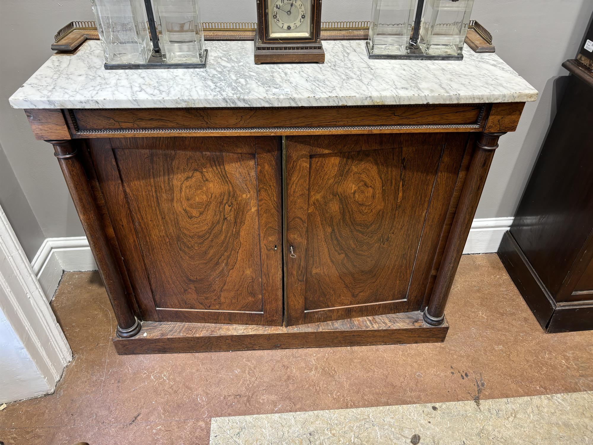 A WILLIAM IV FIGURED ROSEWOOD SIDE CABINET, C.1830, the white marble top with three quarter - Image 6 of 9