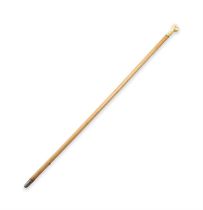 *A WOODEN WALKING CANE, with cared ivory handle in the shape of a fist enclosing a seal,