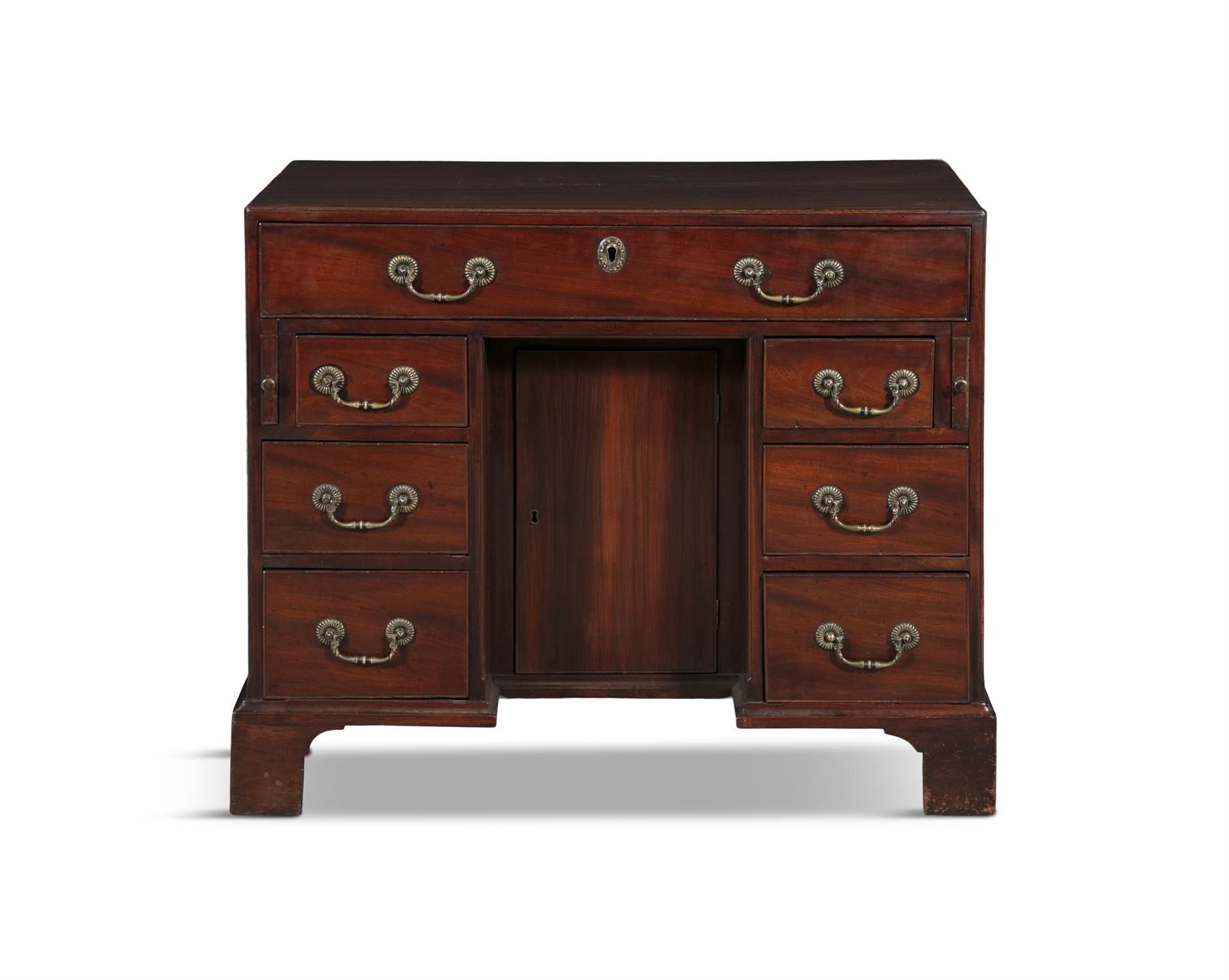 A GEORGE III MAHOGANY KNEEHOLE DESK, of rectangular shape, fitted with long drawer above a