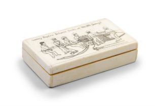 *AN IVORY BOX, of rectangular form, depicting six figures practicing gunnery.