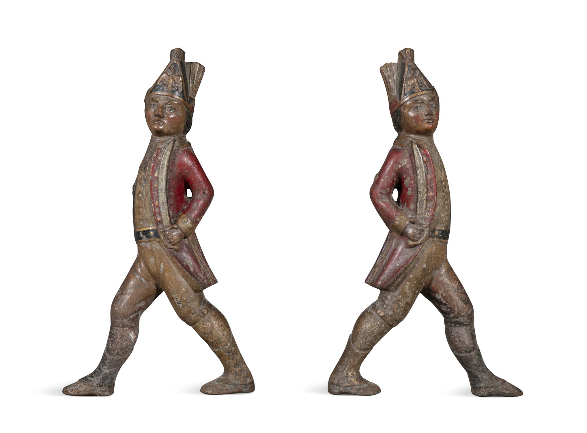 A PAIR OF AMERICAN POLYCHROME PAINTED CAST IRON HESSIAN SOLDIER FORM ANDIRONS, 19TH CENTURY each - Image 3 of 4