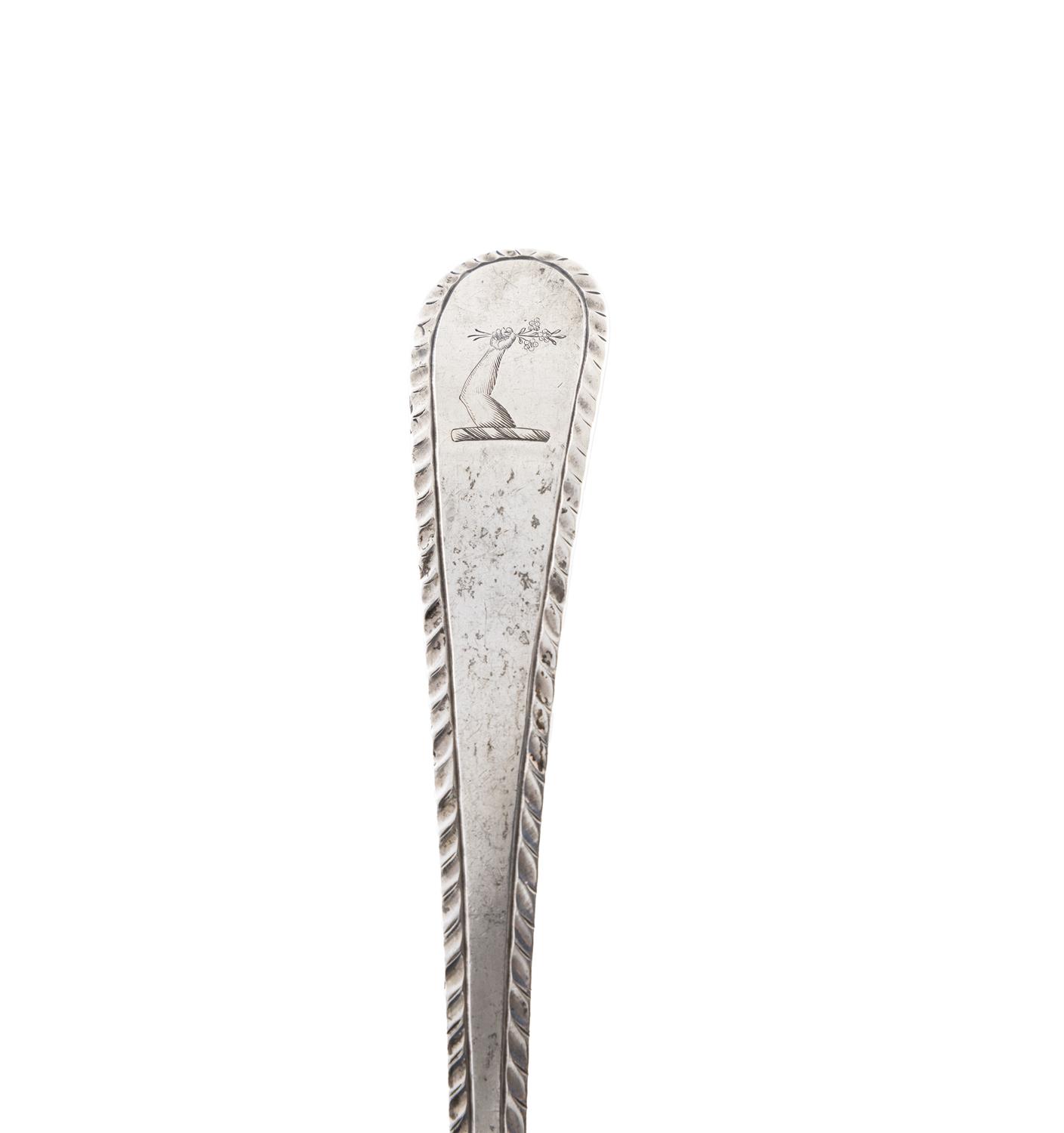 A GEORGE III SILVER FEATHER EDGE BRIGHT-CUT SERVING SPOON, London c.1796, maker's mark of George - Image 3 of 4