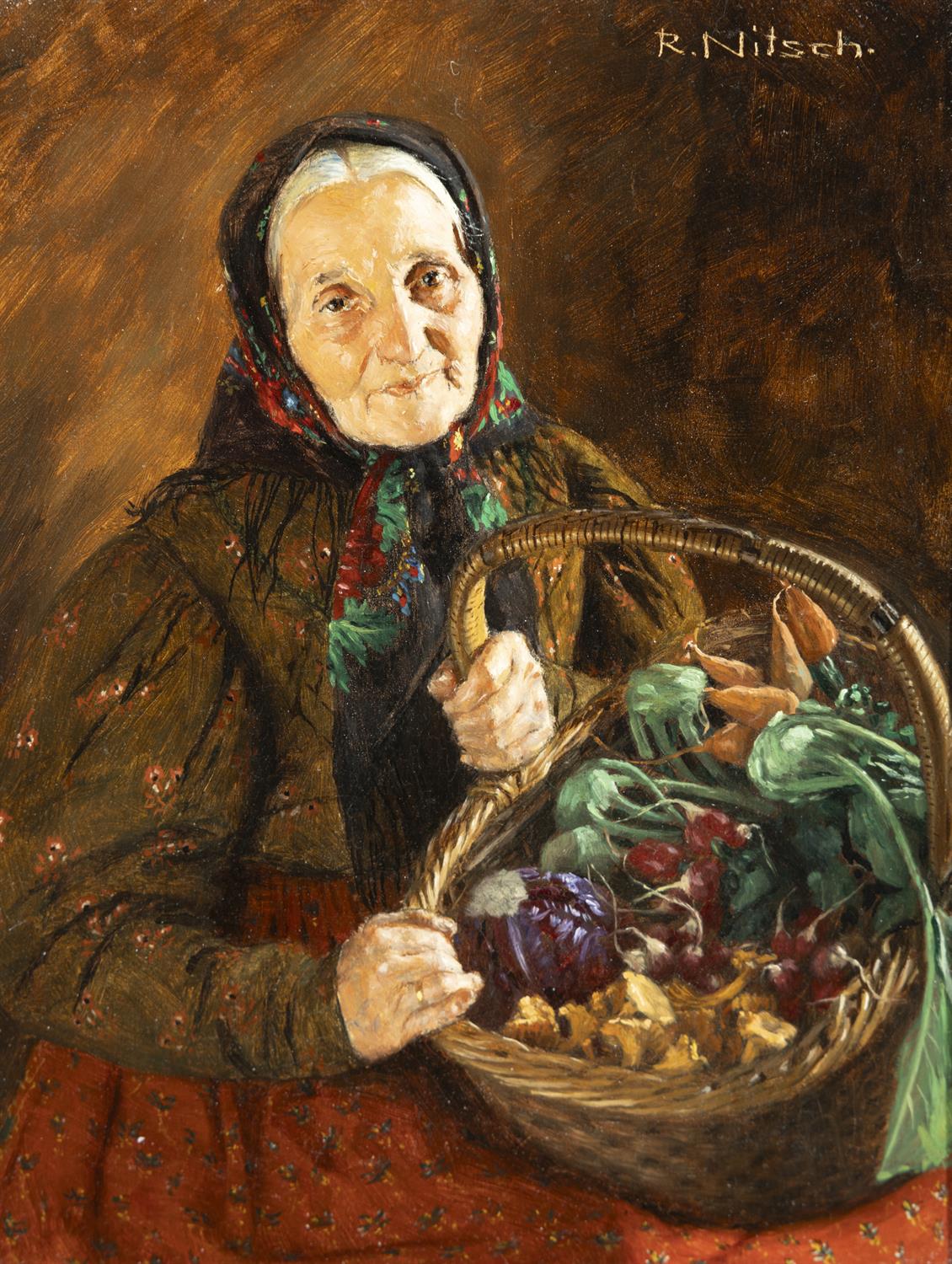 RICHARD NITSCH (GERMAN) (1866-1945) An Elderly Woman with a Basket of Vegetables Oil on panel 18x - Image 2 of 5