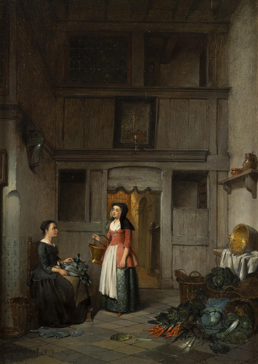 HENDRICUS JOHANNES SCHEERES (DUTCH) (1829-1864) A Dutch kitchen interior, with two women - Image 2 of 4