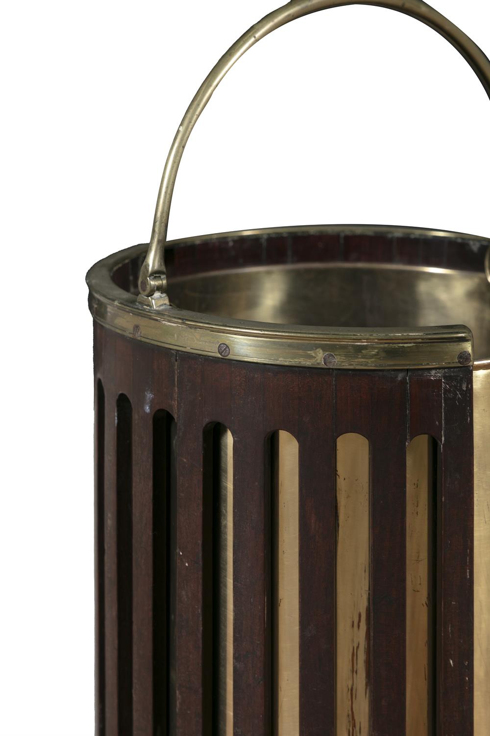 A PAIR OF GEORGE III MAHOGANY AND BRASS BOUND PLATE BUCKETS with arched swing handle and - Image 4 of 4