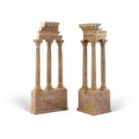 TWO ITALIAN 'GRAND TOUR' SIENA MARBLE CARVED MODELS OF THE RUINS OF THE TEMPLE OF CASTOR AND POLLUX