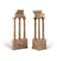 TWO ITALIAN 'GRAND TOUR' SIENA MARBLE CARVED MODELS OF THE RUINS OF THE TEMPLE OF CASTOR AND POLLUX