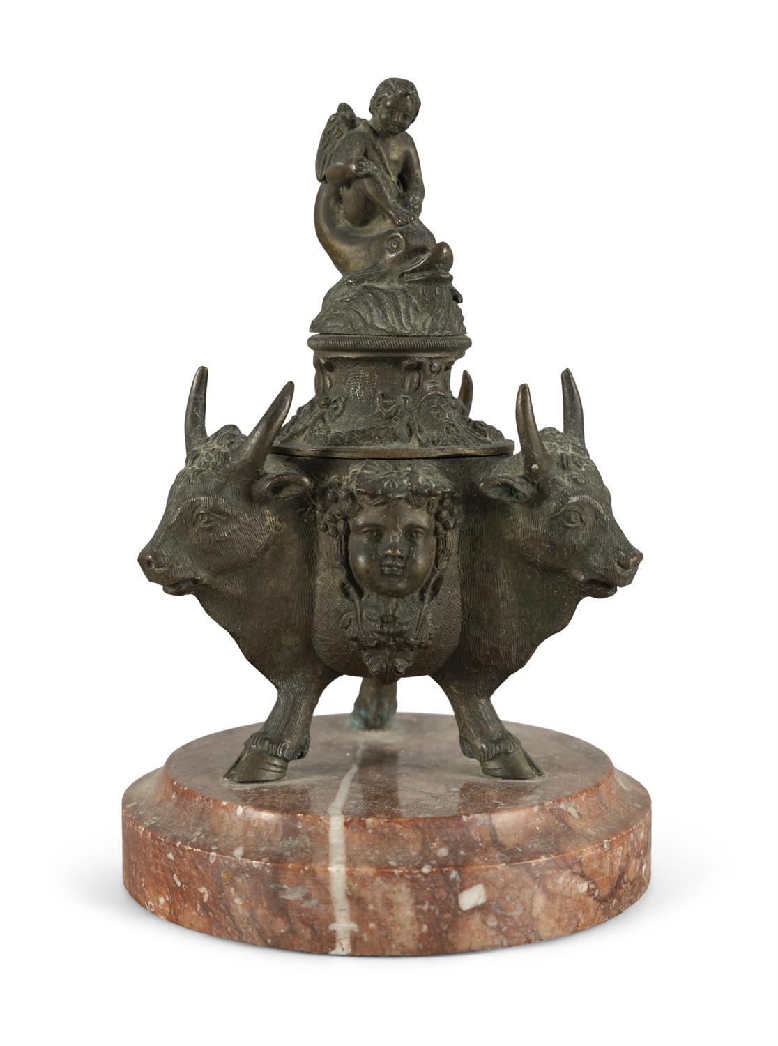 A GRAND TOUR BRONZE INKPOT AND COVER, 19TH CENTURY the cover surmounted by cupid riding a