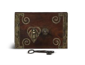 A GEORGE III MAHOGANY AND BRASS MOUNTED DOOR LOCK AND KEY the block with pierced heart-shape