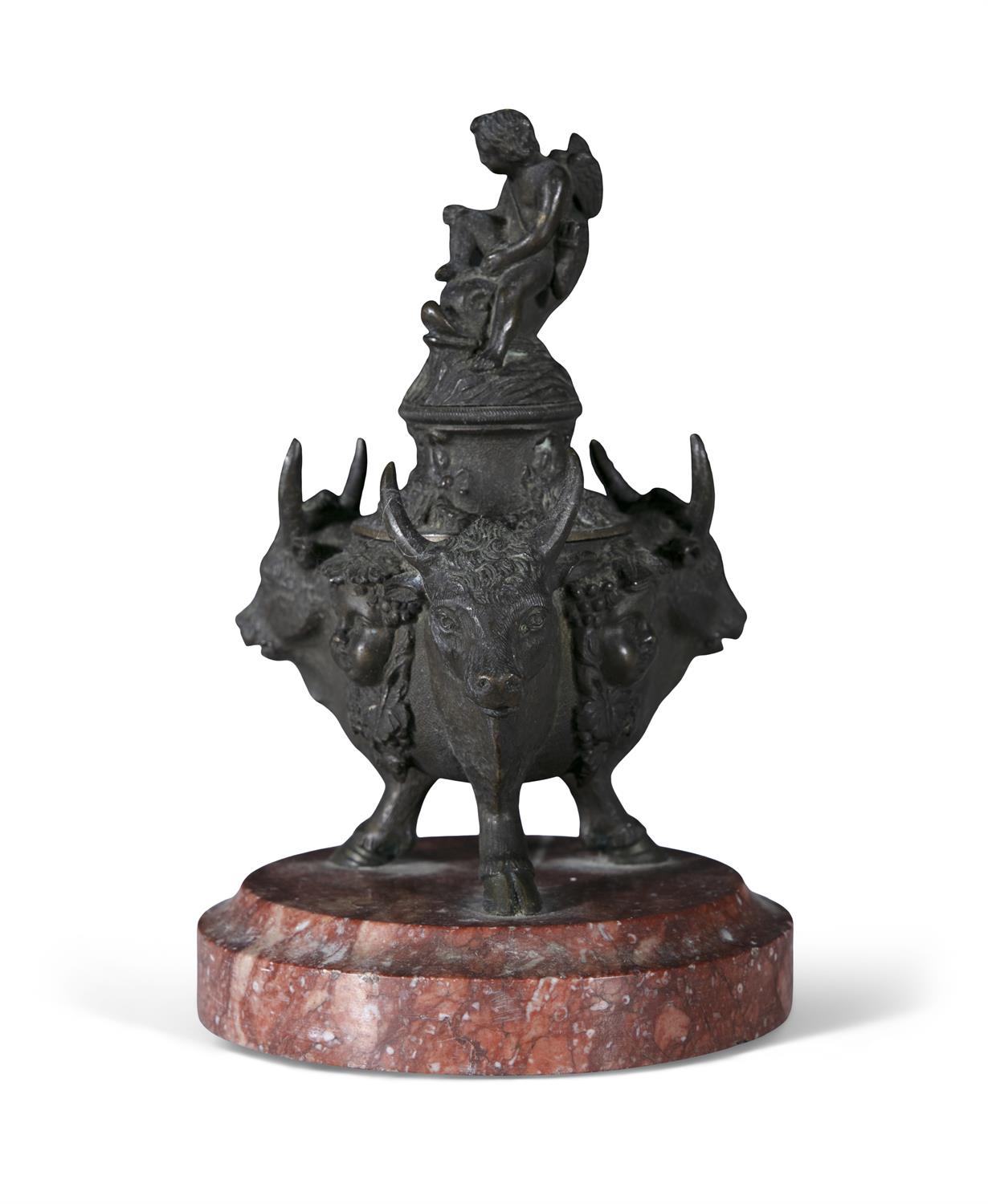 A GRAND TOUR BRONZE INKPOT AND COVER, 19TH CENTURY the cover surmounted by cupid riding a - Image 7 of 7