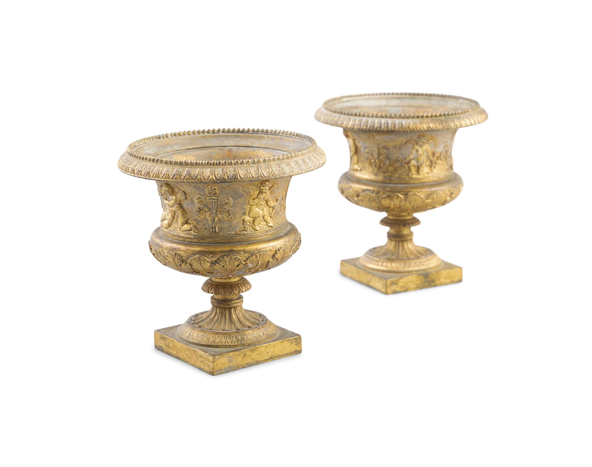 A PAIR OF FINE ORMOLU SMALL CAMPAGNA SHAPED URNS, early 19th Century, beaded palette rims, - Image 2 of 3