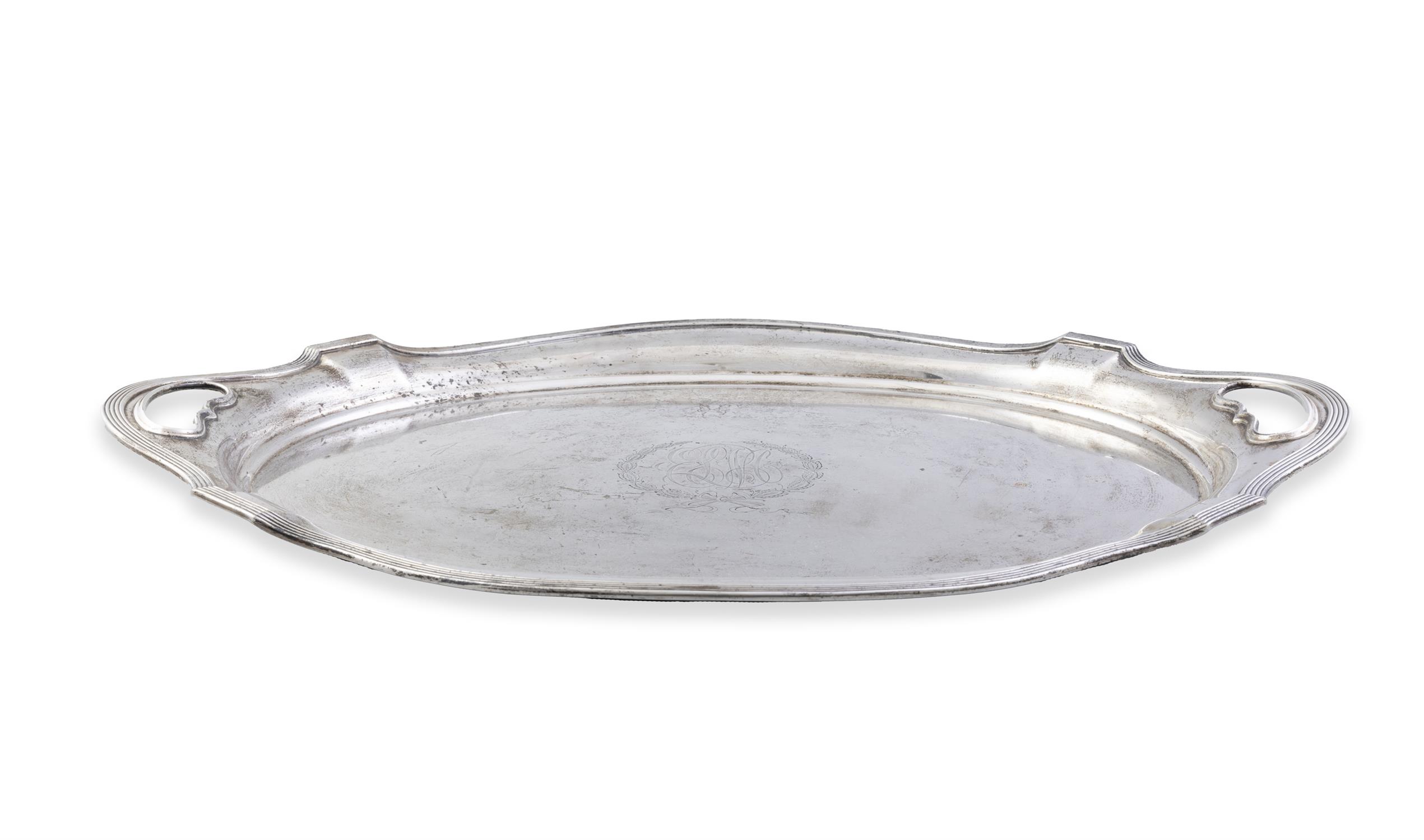 A LARGE AMERICAN SILVER TWO HANDLED SERVING TRAY retailers mark for 'J.E. Caldwell & Co.
