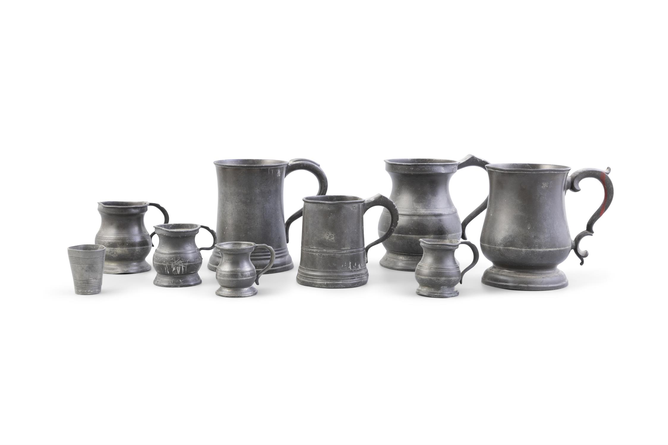 A COLLECTION OF 19TH CENTURY PEWTER WARE comprising two pint jugs by James Yates,