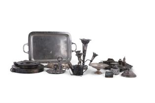 AN ASSORTED COLLECTION OF SILVERPLATED WARES, including a 19th century epergne, serving trays,