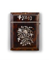 *A TORTOISESHELL AND MOTHER OF PEARL CARD BOX with inlaid mother of pearl floral decoration. 10.