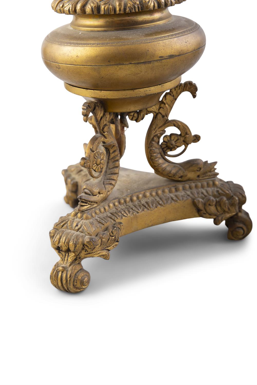 A SET OF FOUR ORMOLU LAMP BASES, 19TH CENTURY, on triple scroll dolphin supports, - Image 4 of 4