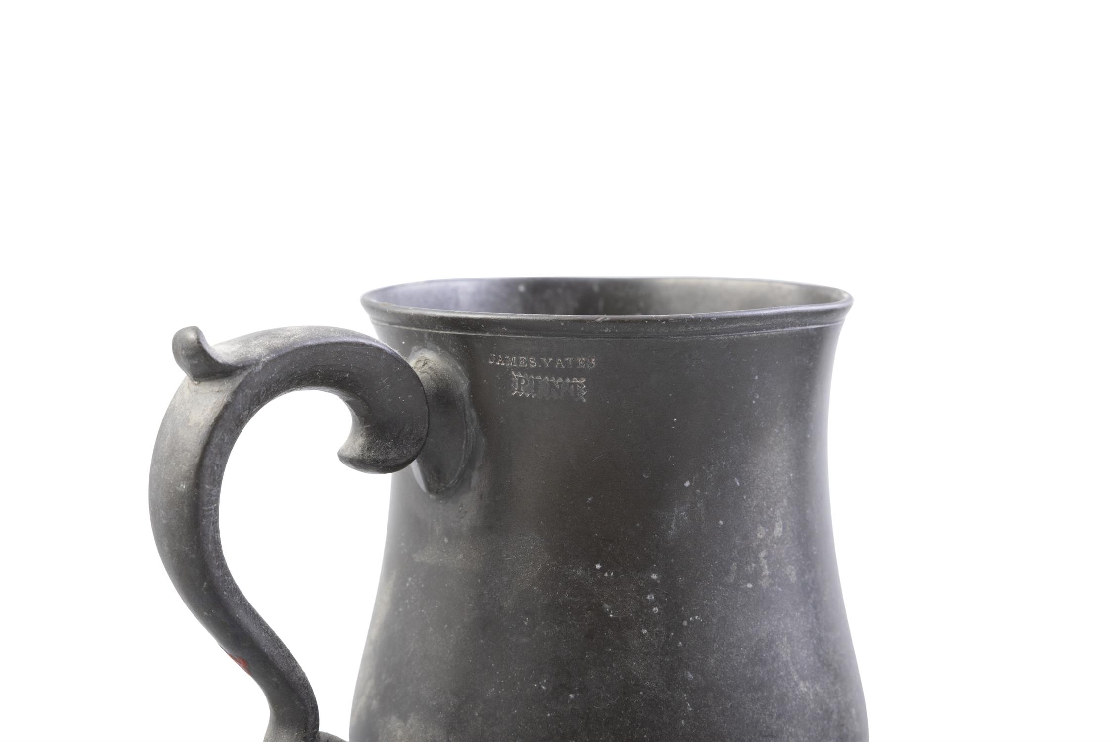 A COLLECTION OF 19TH CENTURY PEWTER WARE comprising two pint jugs by James Yates, - Image 6 of 8