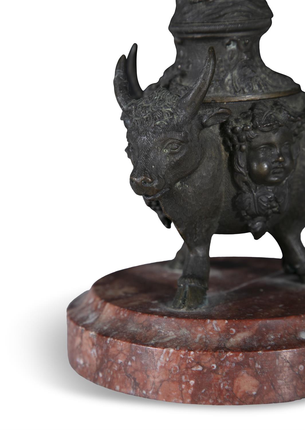 A GRAND TOUR BRONZE INKPOT AND COVER, 19TH CENTURY the cover surmounted by cupid riding a - Image 5 of 7