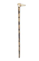 *A WOODEN WALKING CANE, with carved stag antler handle with an elephant head, gilt metal collar,