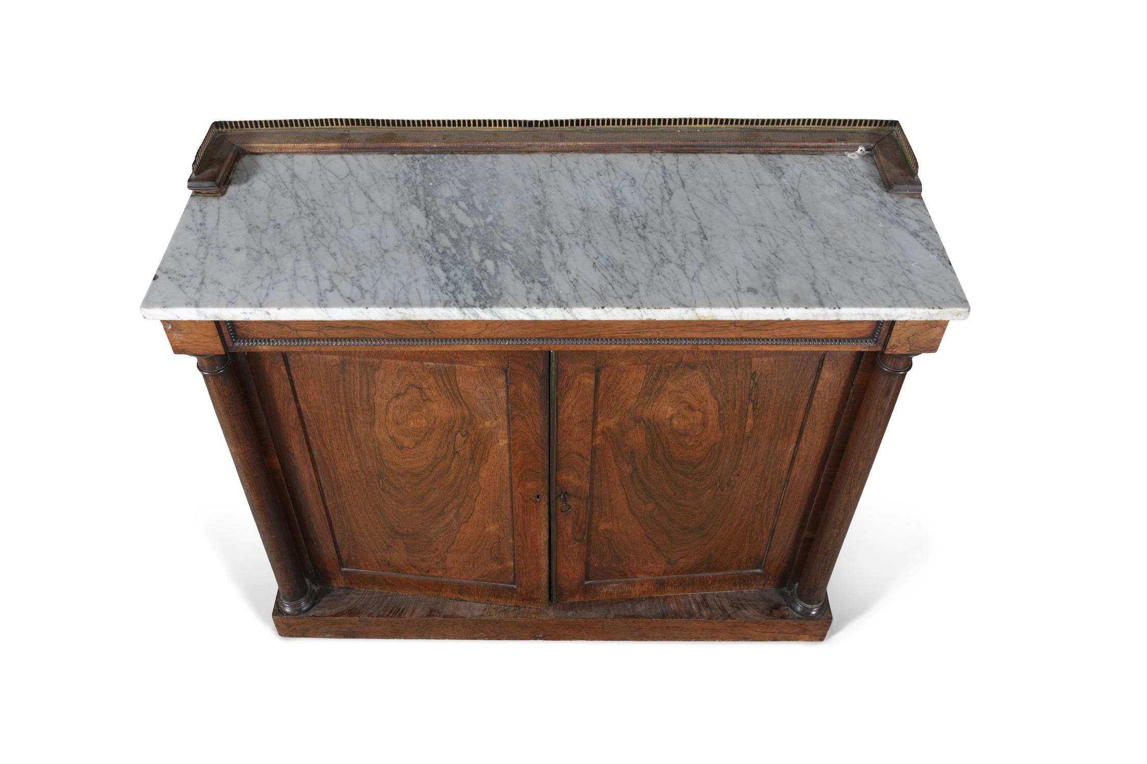 A WILLIAM IV FIGURED ROSEWOOD SIDE CABINET, C.1830, the white marble top with three quarter - Image 3 of 9