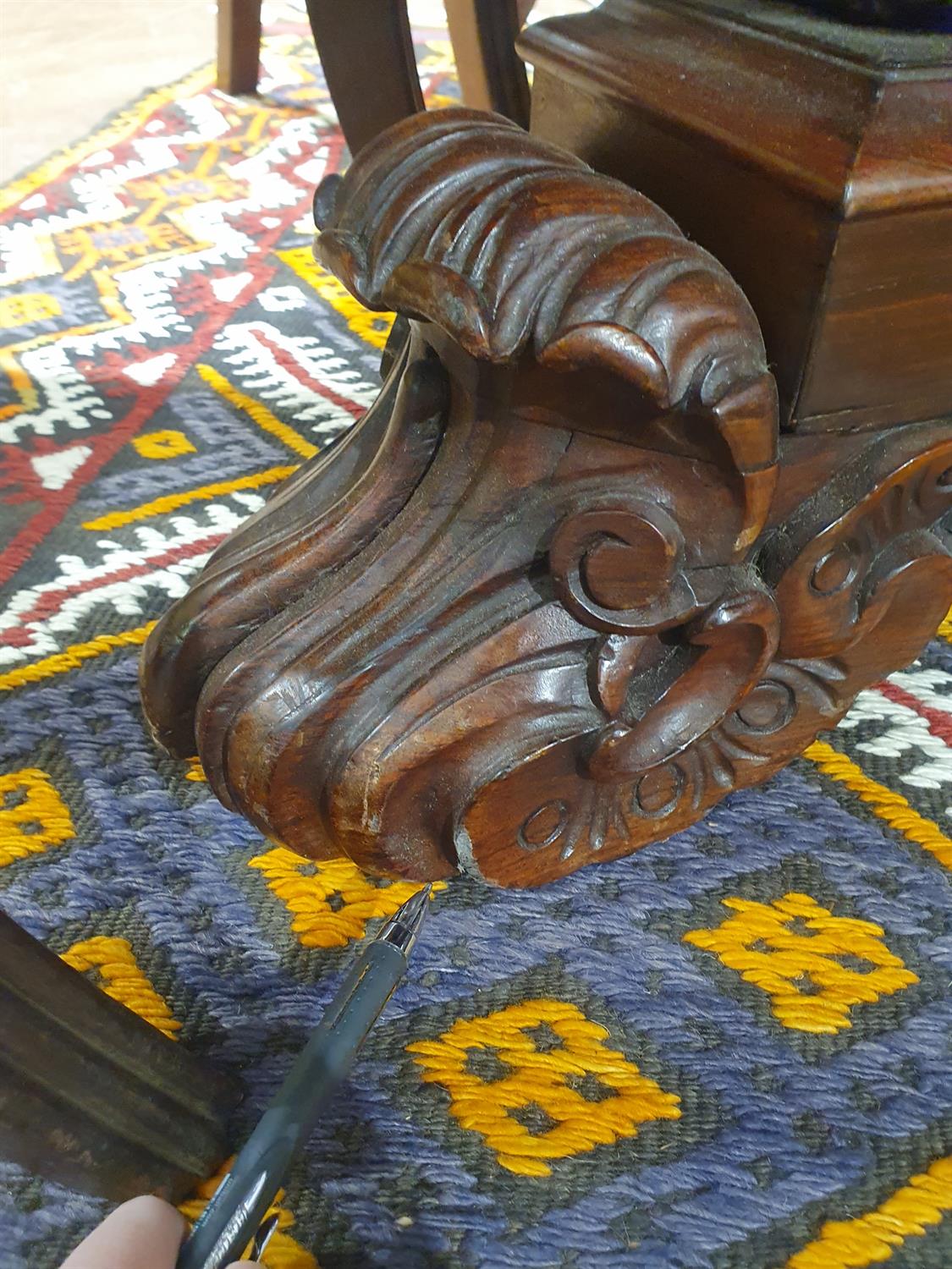 A VICTORIAN ROSEWOOD OCTAGONAL BREAKFAST TABLE, with stepped moulded rim, on carved scroll - Image 8 of 14