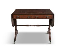 A REGENCY INLAID MAHOGANY DOUBLE DROP LEAF SOFA TABLE, the crossbanded top, with boxwood