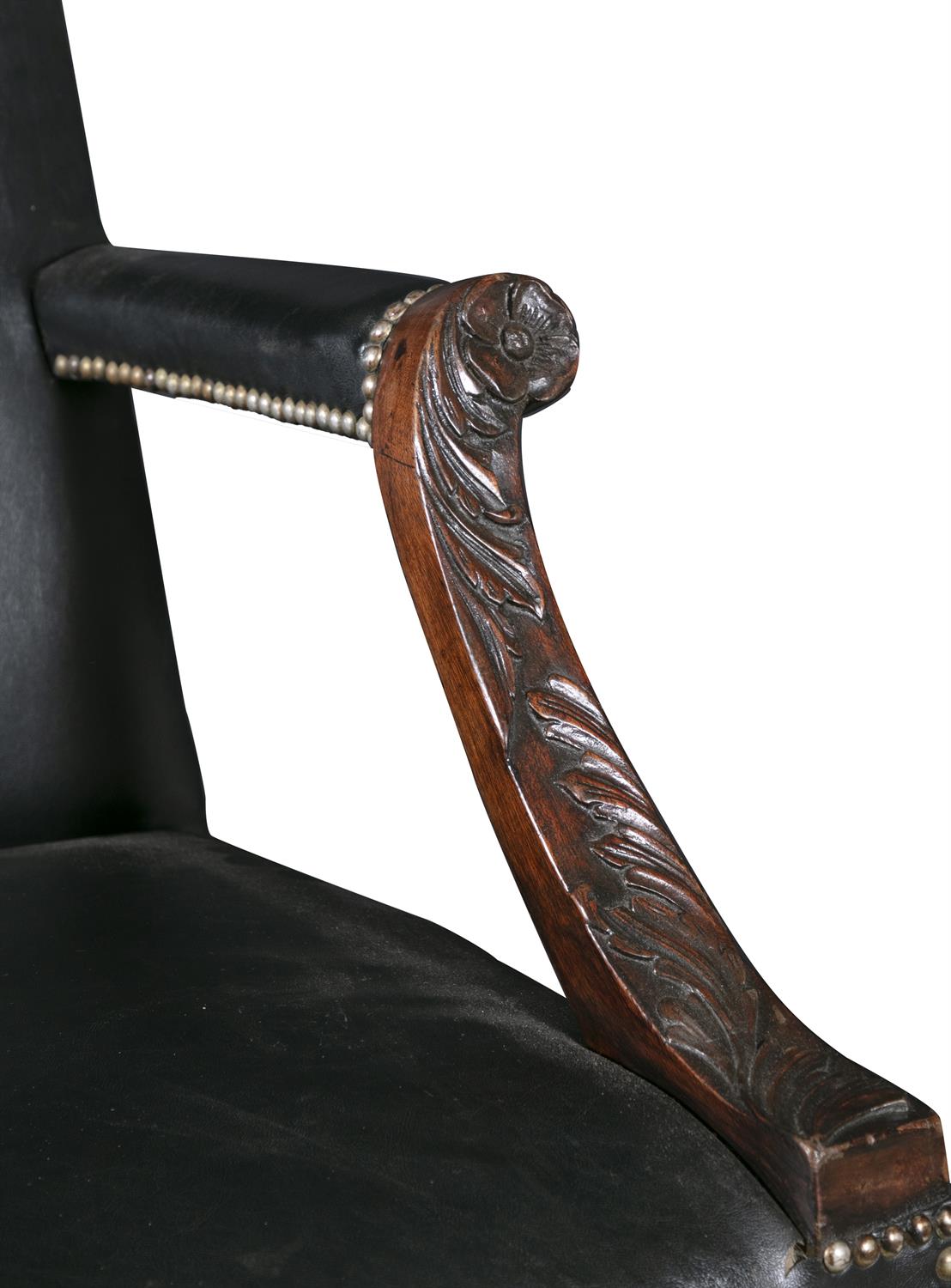 A GEORGE III 'GAINSBOROUGH' LIBRARY ARMCHAIR, upholstered in black leather, with out scrolling - Image 3 of 5