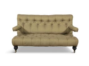 A 19TH CENTURY BUTTON BACK UPHOLSTERED SETTEE, the rectangular padded back and seat covered in