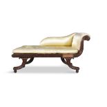 A COMPACT MAHOGANY AND SILK UPHOLSTERED CHAISE LONGUE 19TH CENTURY of classical design with