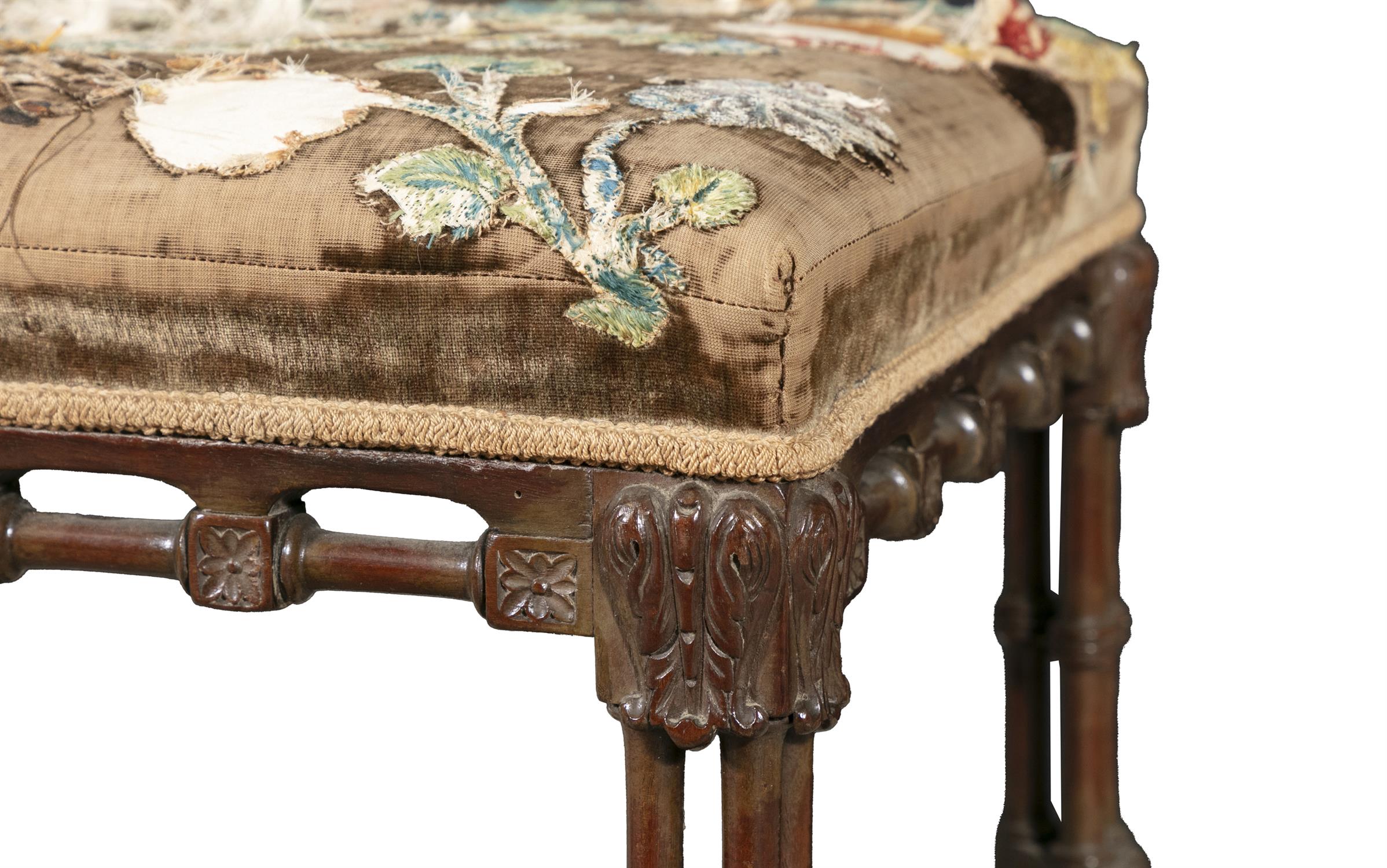 A "CHINESE CHIPPENDALE" UPHOLSTERED MAHOGANY STOOL, 19TH CENTURY with intricately carved - Image 3 of 5