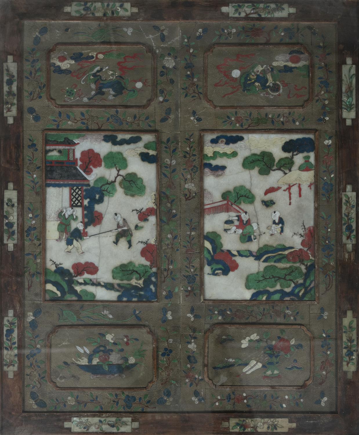 TWO CHINESE SOAPSTONE PANELS FROM A SCREEN, MOUNTED AS A COFFEE TABLE, in the manner of Mallett, - Image 3 of 4