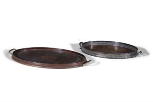 TWO EDWARDIAN INLAID MAHOGANY SERVING TRAYS, each with gallery rim and side handles,