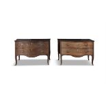 *A PAIR OF GEORGE III MAHOGANY, ROSEWOOD BANDED AND BOXWOOD LINE INLAID SERPENTINE COMMODES, C.