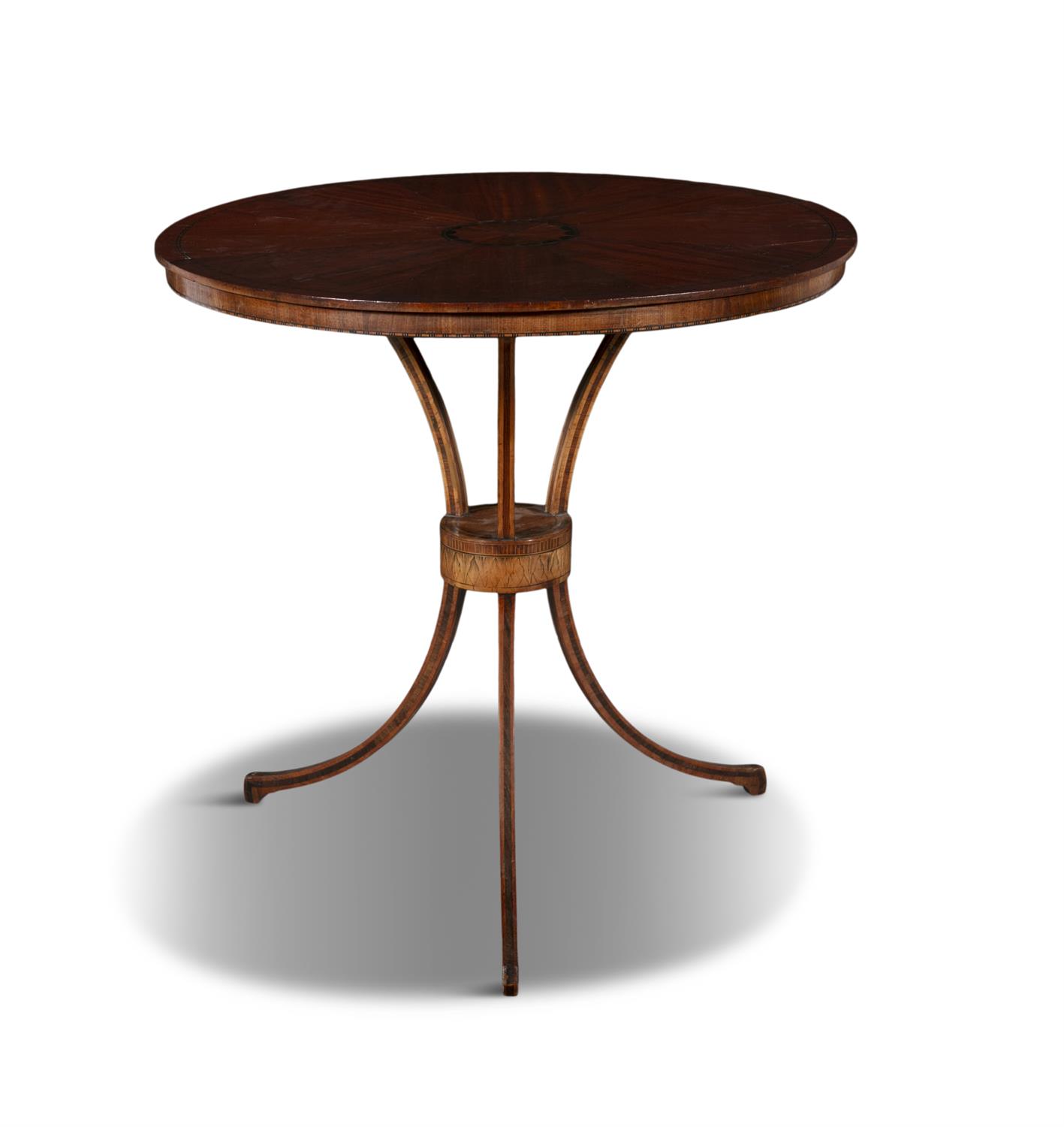 A MAHOGANY AND SATINWOOD INLAID CENTRE TABLE, LATE 18TH CENTURY, the top with central paterae