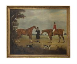 ENGLISH SCHOOL, EARLY 19TH CENTURY A mounted huntsman and a hunter held by a gentleman with hounds