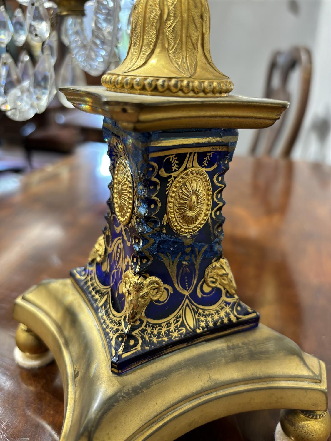 A PAIR OF GEORGE III ORMOLU CUT,GILDED AND BLUE GLASS TWO-LIGHT CANDELABRA, LATE 18TH CENTURY, - Image 10 of 14