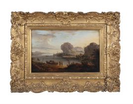 MANNER OF CLAUDE VERNET 18TH CENTURY Figures at a coastal inlet Oil on panel, 27 x 41cm