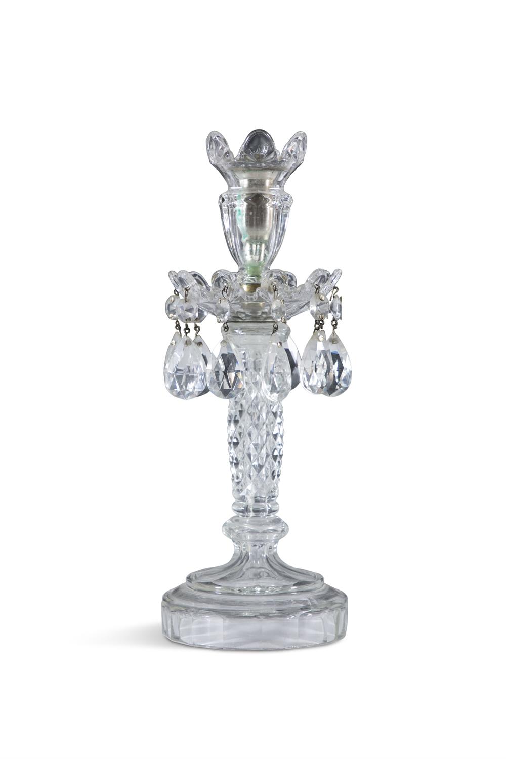 A SET OF FOUR CUT AND MOULDED GLASS LUSTRE CANDLESTICKS, 20TH CENTURY, each with flared socket - Image 3 of 3