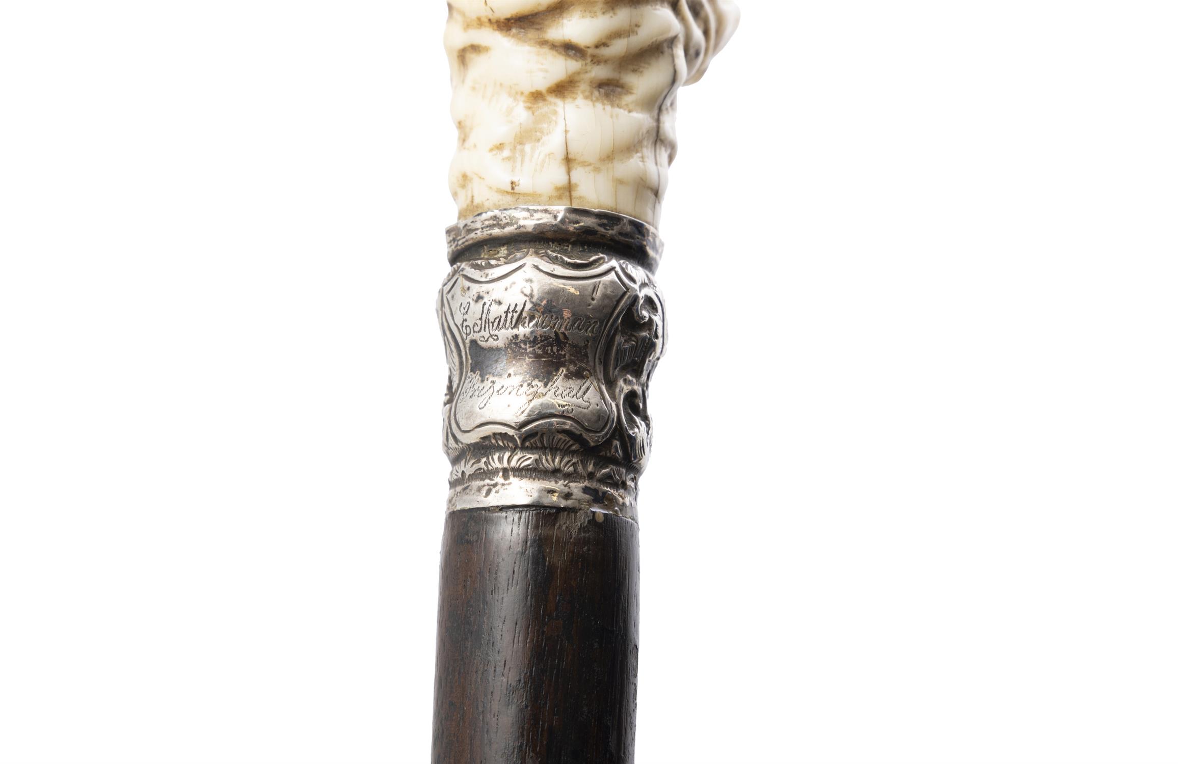 *A WALKING CANE, with a carved bone handle in the of a turtle perched on a rock above a white - Image 3 of 4