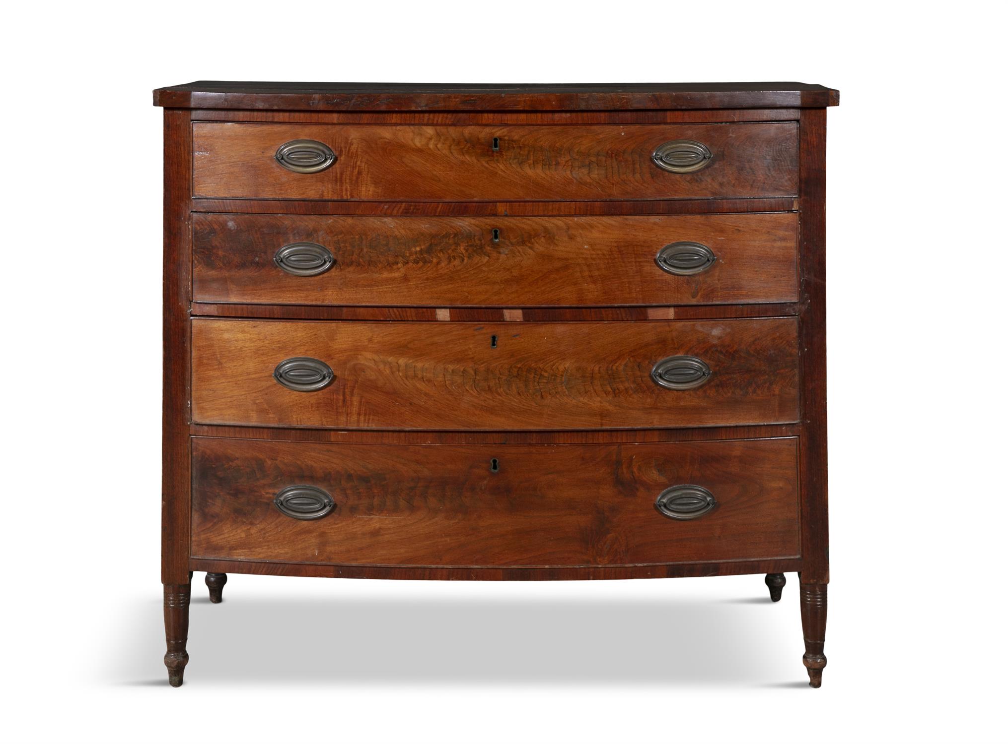 A FEDERAL MAHOGANY BOW FRONT CHEST, PHILADELPHIA, C.1800 the top with diamond shaped inlay above