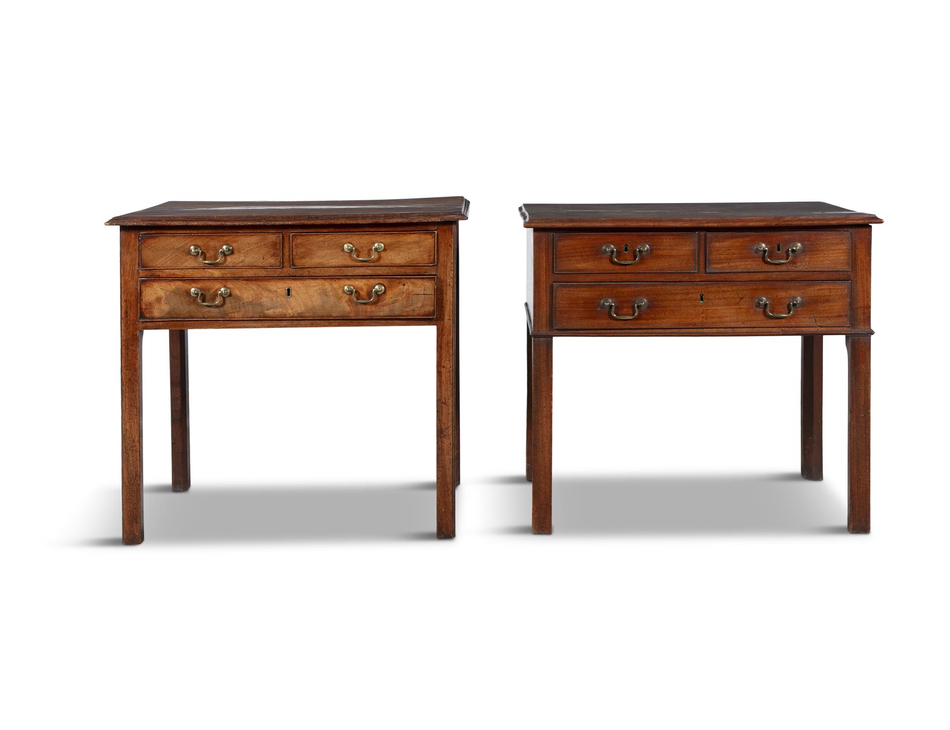 TWO GEORGE III MAHOGANY RECTANGULAR LOWBOYS, the overhanging tops with moulded rim,