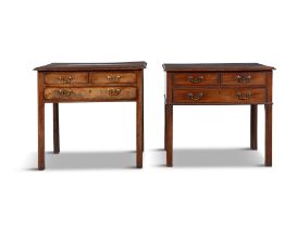 TWO GEORGE III MAHOGANY RECTANGULAR LOWBOYS, the overhanging tops with moulded rim,