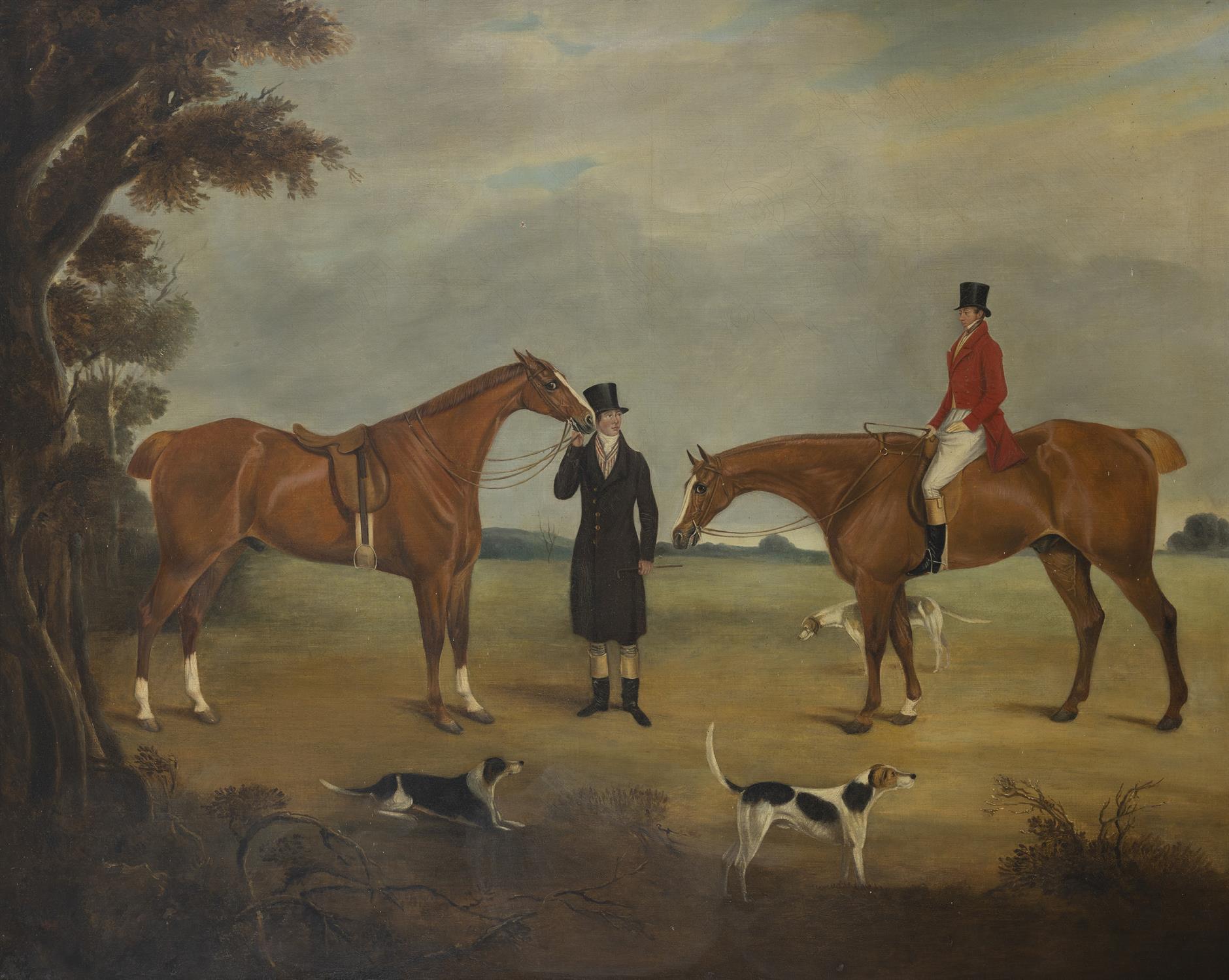 ENGLISH SCHOOL, EARLY 19TH CENTURY A mounted huntsman and a hunter held by a gentleman with hounds - Image 2 of 3