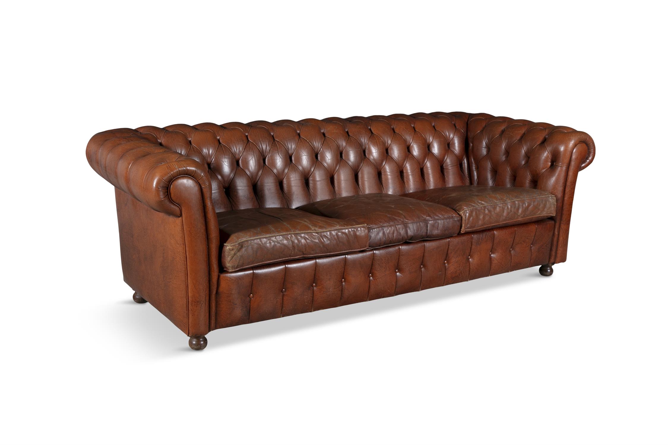 A CHESTERFIELD BUTTON BACK THREE SEATER SOFA, upholstered in brown leather with scroll-end - Image 2 of 18