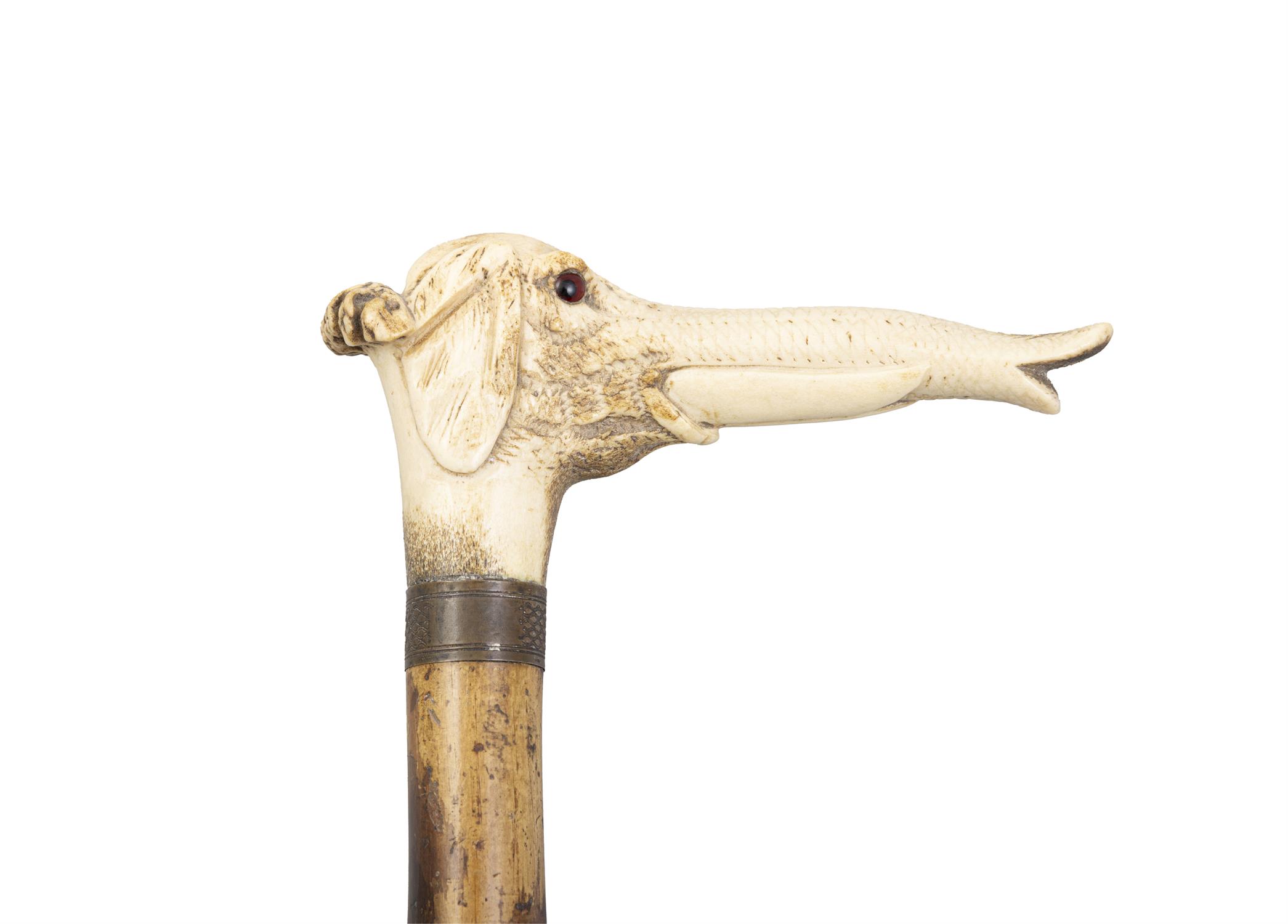 *A WOODEN WALKING CANE, with carved stag antler handle with an elephant head, gilt metal collar, - Image 3 of 3