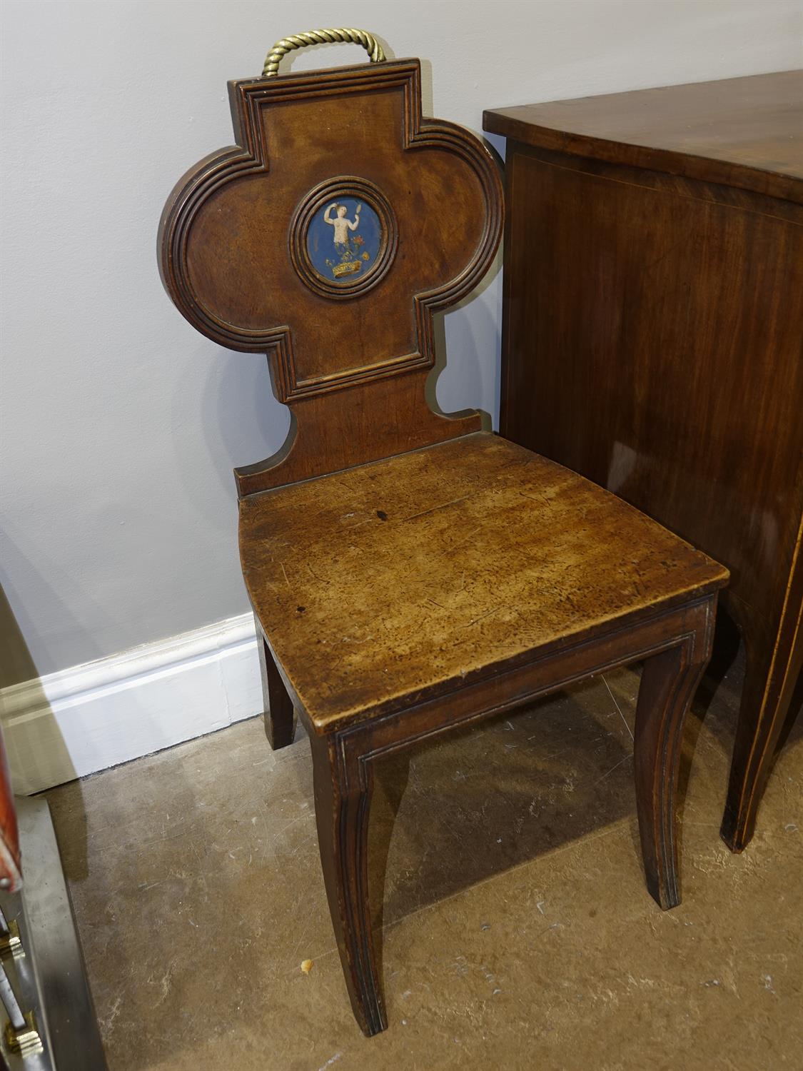 A PAIR OF REGENCY MAHOGANY HALL CHAIRS, each quatrefoil back with brass rope-twist handles - Image 6 of 15