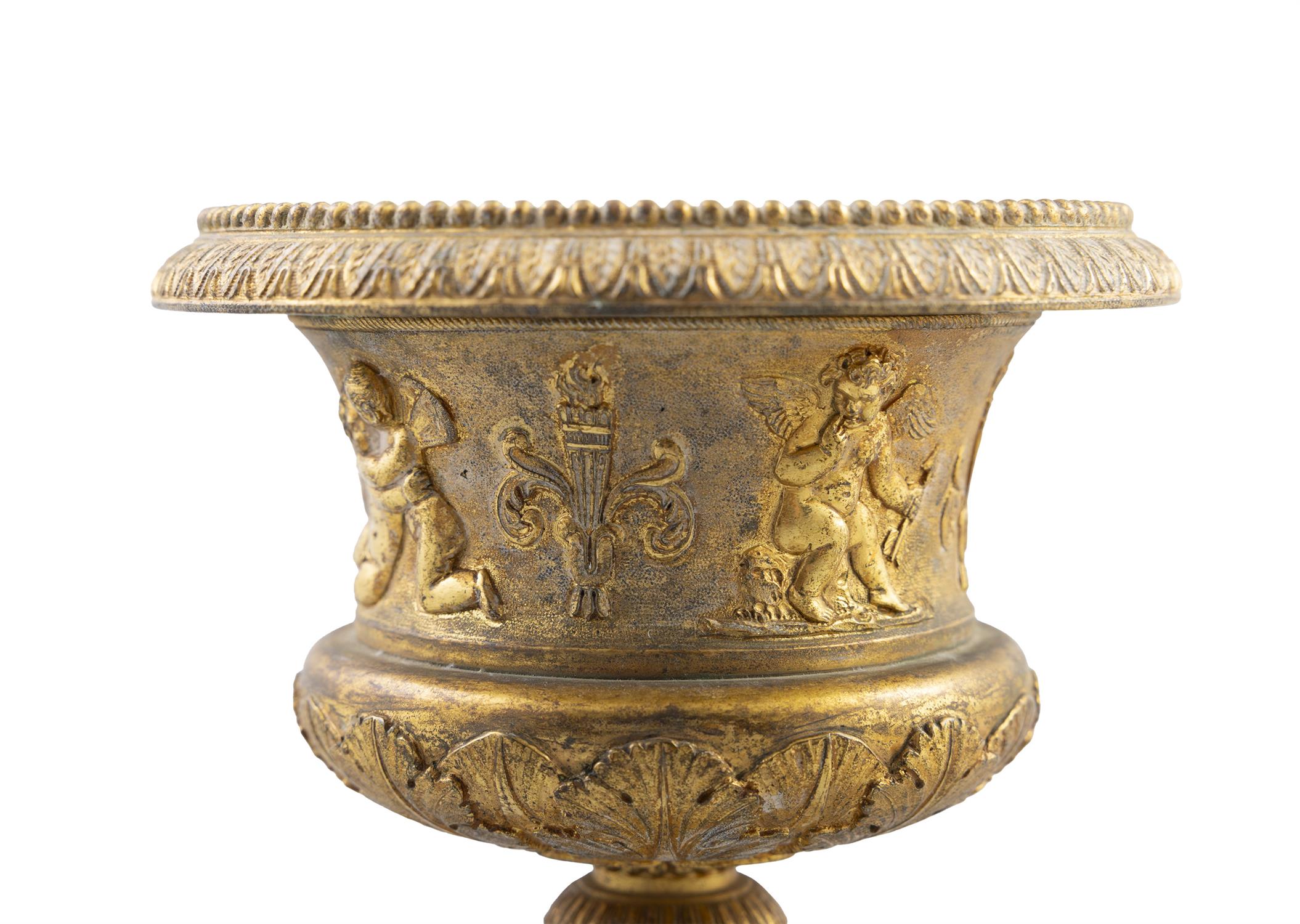 A PAIR OF FINE ORMOLU SMALL CAMPAGNA SHAPED URNS, early 19th Century, beaded palette rims, - Image 3 of 3