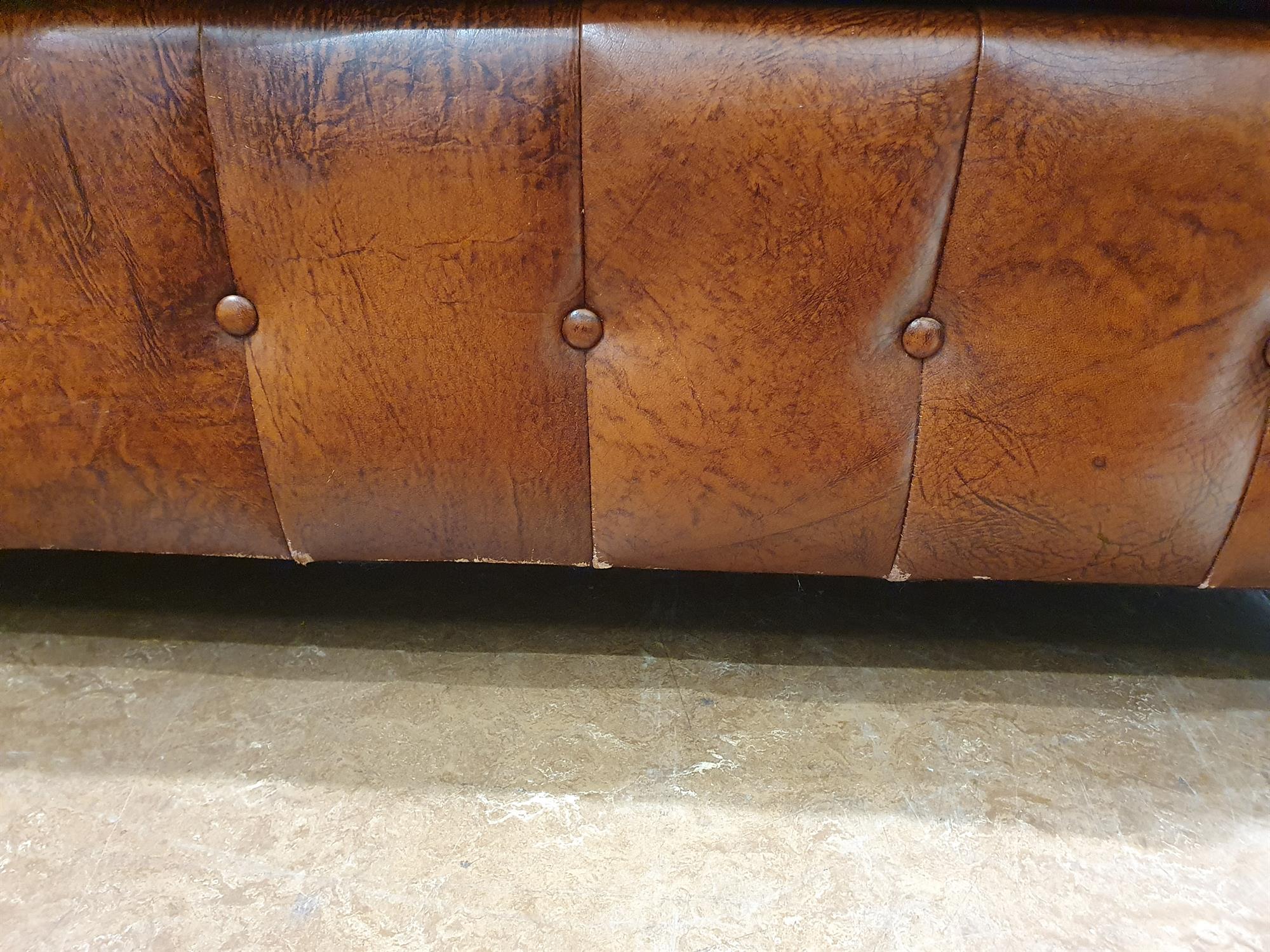 A CHESTERFIELD BUTTON BACK THREE SEATER SOFA, upholstered in brown leather with scroll-end - Image 18 of 18