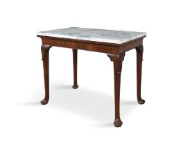 A GEORGE I WALNUT RECTANGULAR SIDE TABLE, C.1720 the white marble top on a tapering plain frieze